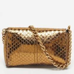 Pre Owned Dolce & Gabbana Gold Snakeskin Crystals Embellished Chain Pouch