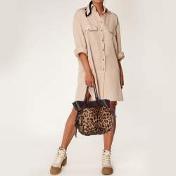 Pre Owned Dolce & Gabbana Brown Leopard Calf Hair and Leather Drawstring Hobo
