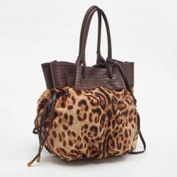 Pre Owned Dolce & Gabbana Brown Leopard Calf Hair and Leather Drawstring Hobo