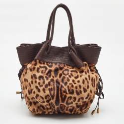 Pre Owned Dolce & Gabbana Brown Leopard Calf Hair and Leather Drawstring Hobo
