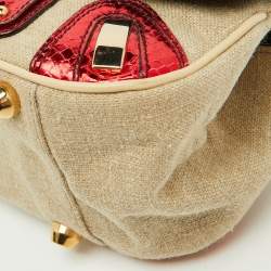 Pre Owned Dolce & Gabbana Multicolor Canvas and Python Trimmed Flap Shoulder Bag