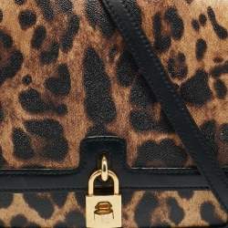 Pre Owned Dolce & Gabbana Black/Brown Leopard Print Coated Canvas Padlock Top Handle Bag