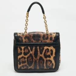 Pre Owned Dolce & Gabbana Black/Brown Leopard Print Coated Canvas Padlock Top Handle Bag