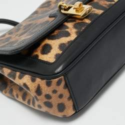 Pre Owned Dolce & Gabbana Black/Brown Leopard Print Coated Canvas Padlock Top Handle Bag