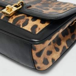 Pre Owned Dolce & Gabbana Black/Brown Leopard Print Coated Canvas Padlock Top Handle Bag