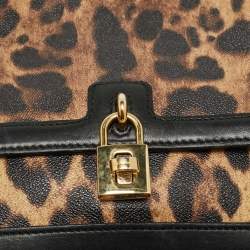 Pre Owned Dolce & Gabbana Black/Brown Leopard Print Coated Canvas Padlock Top Handle Bag