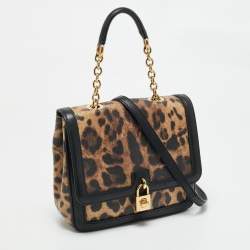 Pre Owned Dolce & Gabbana Black/Brown Leopard Print Coated Canvas Padlock Top Handle Bag