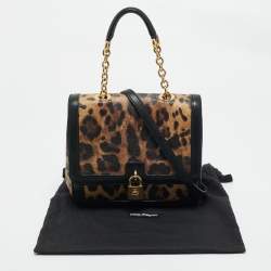 Pre Owned Dolce & Gabbana Black/Brown Leopard Print Coated Canvas Padlock Top Handle Bag