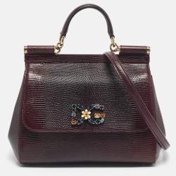Pre Owned Dolce & Gabbana Burgundy Lizard Embossed Leather Medium Miss Sicily Top Handle Bag