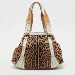 Pre Owned Dolce & Gabbana Brown/White Leopard Print Canvas and Leather Satchel