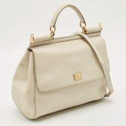 Pre Owned Dolce & Gabbana White Leather Large Miss Sicily Top Handle Bag