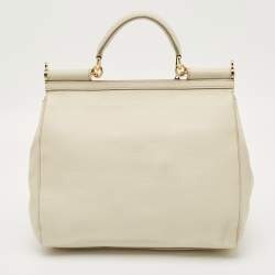 Pre Owned Dolce & Gabbana White Leather Large Miss Sicily Top Handle Bag