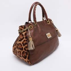 Pre Owned Dolce & Gabbana Brown/Beige Calf Hair and Leather Drawstring Tassel Satchel