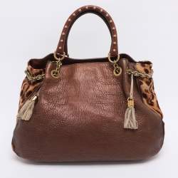 Pre Owned Dolce & Gabbana Brown/Beige Calf Hair and Leather Drawstring Tassel Satchel