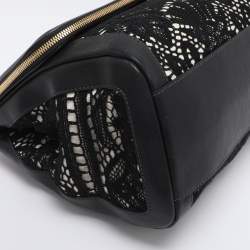 Pre Owned Dolce & Gabbana Black/White Lace and Leather Large Miss Sicily Top Handle Bag