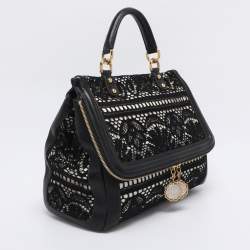 Pre Owned Dolce & Gabbana Black/White Lace and Leather Large Miss Sicily Top Handle Bag