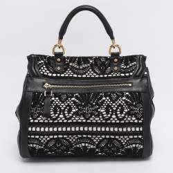 Pre Owned Dolce & Gabbana Black/White Lace and Leather Large Miss Sicily Top Handle Bag