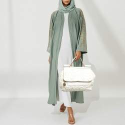 Pre Owned Dolce & Gabbana White Crochet Fabric Large Miss Sicily Top Handle Bag