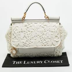 Pre Owned Dolce & Gabbana White Crochet Fabric Large Miss Sicily Top Handle Bag