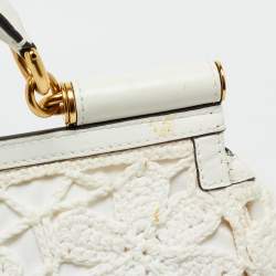 Pre Owned Dolce & Gabbana White Crochet Fabric Large Miss Sicily Top Handle Bag