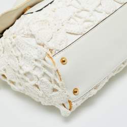 Pre Owned Dolce & Gabbana White Crochet Fabric Large Miss Sicily Top Handle Bag