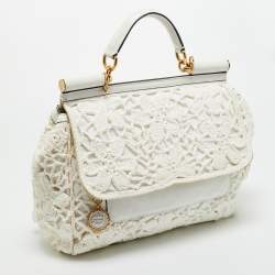 Pre Owned Dolce & Gabbana White Crochet Fabric Large Miss Sicily Top Handle Bag
