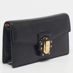 Pre Owned Dolce & Gabbana Black Lizard Embossed Leather Lucia Wallet On Chain