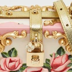 Pre Owned Dolce & Gabbana Pink/Gold Roses Baroque Acrylic Dolce Box Top Handle Bag