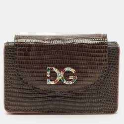 Pre Owned Dolce & Gabbana Grey Lizard Embossed Leather DG Crystals Flap Card Case