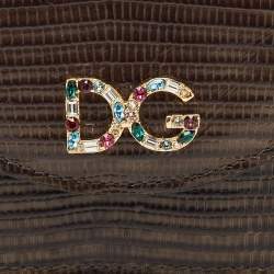 مملوكة مسبقًا Dolce & Gabbana Grey Lizard Embossed Leather DG Crystals Flap Card Case