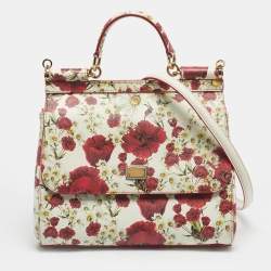 مملوكة مسبقًا Dolce & Gabbana Red/White Leather Medium Floral Miss Sicily Top Handle Bag