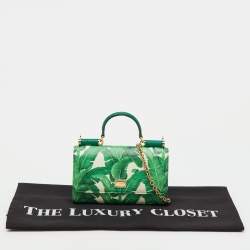 Pre Owned Dolce & Gabbana Green Leaf Print Leather Miss Sicily Von Wallet On Chain