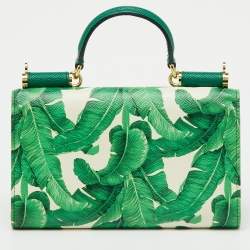 Pre Owned Dolce & Gabbana Green Leaf Print Leather Miss Sicily Von Wallet On Chain