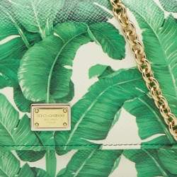 Pre Owned Dolce & Gabbana Green Leaf Print Leather Miss Sicily Von Wallet On Chain