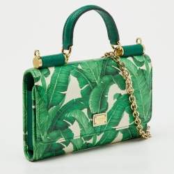 Pre Owned Dolce & Gabbana Green Leaf Print Leather Miss Sicily Von Wallet On Chain