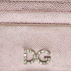 Pre Owned Dolce & Gabbana Metallic Pink Leather DG Crystals Card Holder