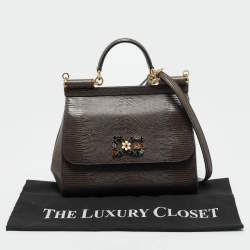 Pre Owned Dolce & Gabbana Dark Grey Lizard Embossed Leather Medium Crystal DG Miss Sicily Top Handle Bag