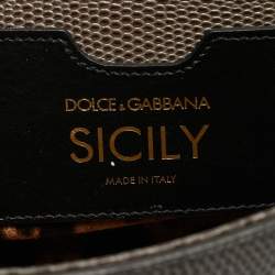 Pre Owned Dolce & Gabbana Dark Grey Lizard Embossed Leather Medium Crystal DG Miss Sicily Top Handle Bag