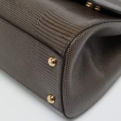 Pre Owned Dolce & Gabbana Dark Grey Lizard Embossed Leather Medium Crystal DG Miss Sicily Top Handle Bag