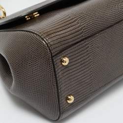 Pre Owned Dolce & Gabbana Dark Grey Lizard Embossed Leather Medium Crystal DG Miss Sicily Top Handle Bag