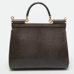Pre Owned Dolce & Gabbana Dark Grey Lizard Embossed Leather Medium Crystal DG Miss Sicily Top Handle Bag