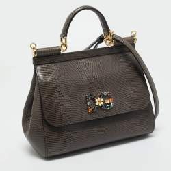 Pre Owned Dolce & Gabbana Dark Grey Lizard Embossed Leather Medium Crystal DG Miss Sicily Top Handle Bag