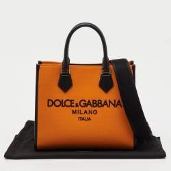 مملوكة مسبقًا حقيبة تسوق دولتشي أند غابانا قماش وجلد برتقالي/أسود بشعار مطرز