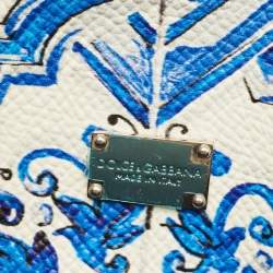 Pre Owned Dolce & Gabbana Blue/White Majolica Printed Leather Micro Miss Sicily Top Handle Bag