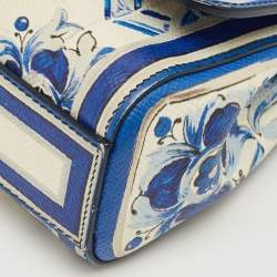 Pre Owned Dolce & Gabbana Blue/White Majolica Printed Leather Micro Miss Sicily Top Handle Bag