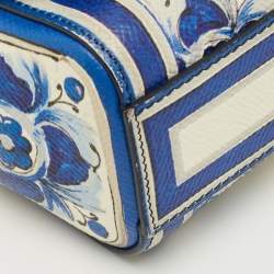 Pre Owned Dolce & Gabbana Blue/White Majolica Printed Leather Micro Miss Sicily Top Handle Bag