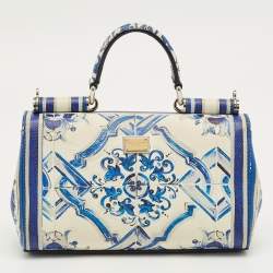 Pre Owned Dolce & Gabbana Blue/White Majolica Printed Leather Micro Miss Sicily Top Handle Bag
