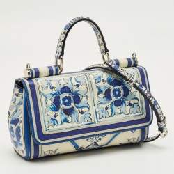 Pre Owned Dolce & Gabbana Blue/White Majolica Printed Leather Micro Miss Sicily Top Handle Bag