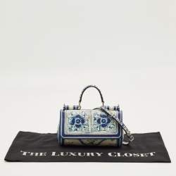 Pre Owned Dolce & Gabbana Blue/White Majolica Printed Leather Micro Miss Sicily Top Handle Bag