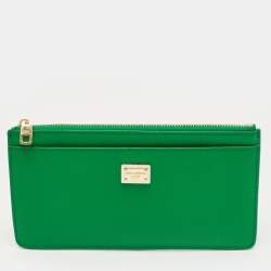 Pre Owned Dolce & Gabbana Green Leather Logo Zip Long Wallet